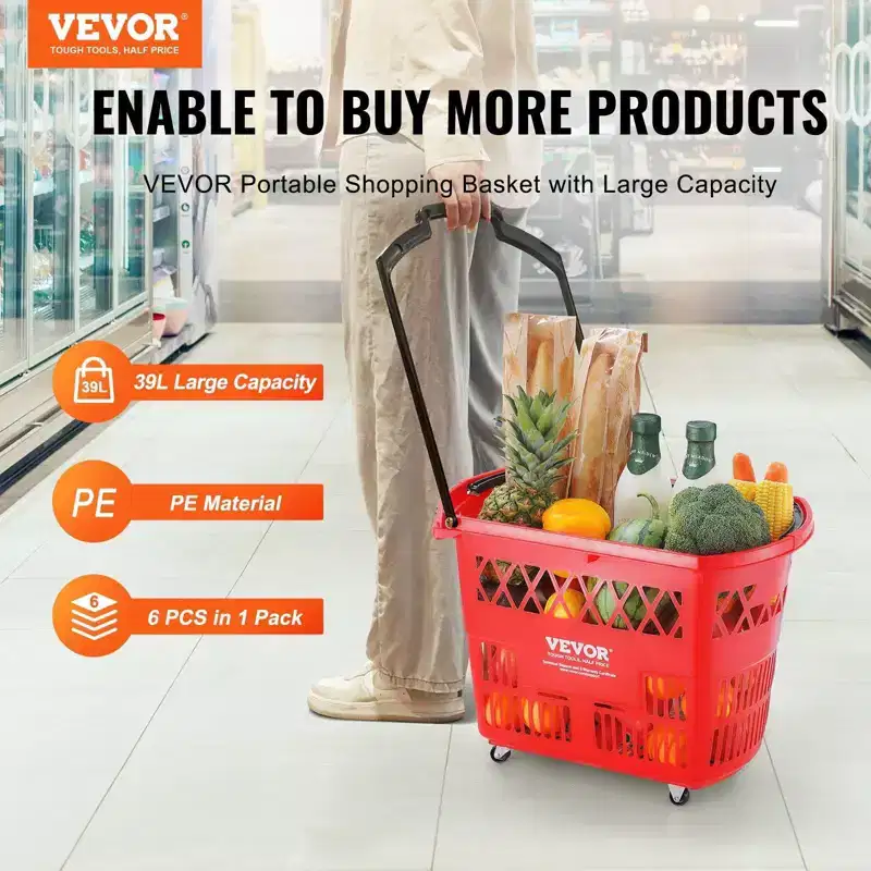 VIYET 6PCS 39L Plastic Rolling Storage Carts with Handles, Red - Ideal for Supermarkets, Retail Stores, Grocery Shopping