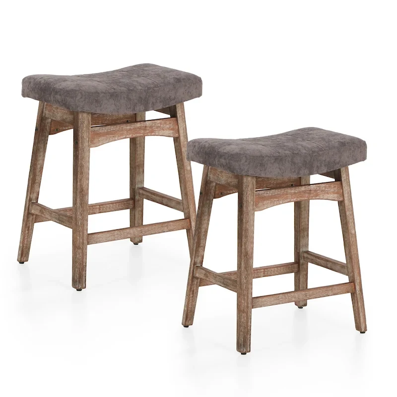 24 Inch Solid Wood Barstools with Linen / PU Leather Fabric Cushion, Set of 2