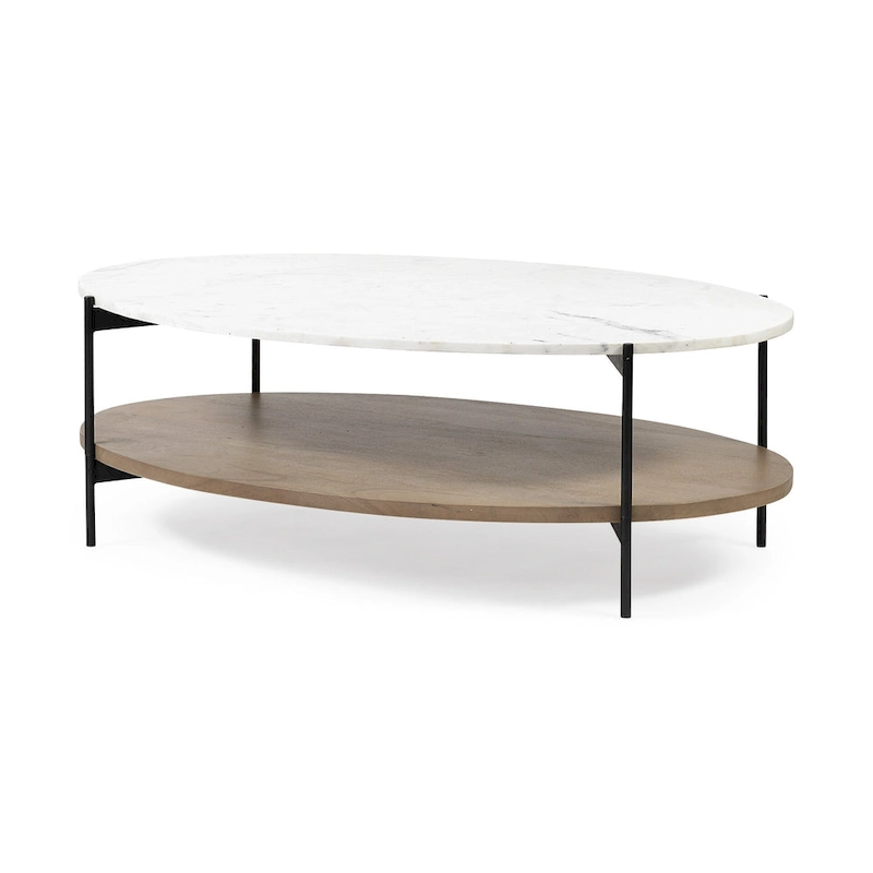 HomeRoots 48 Brown and Black Genuine Marble and Metal Oval Coffee Table With Shelf - 30