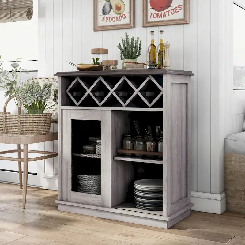 DH BASIC Farmhouse Four Shelf and Four Bottle Lattice-like Wine Buffet by