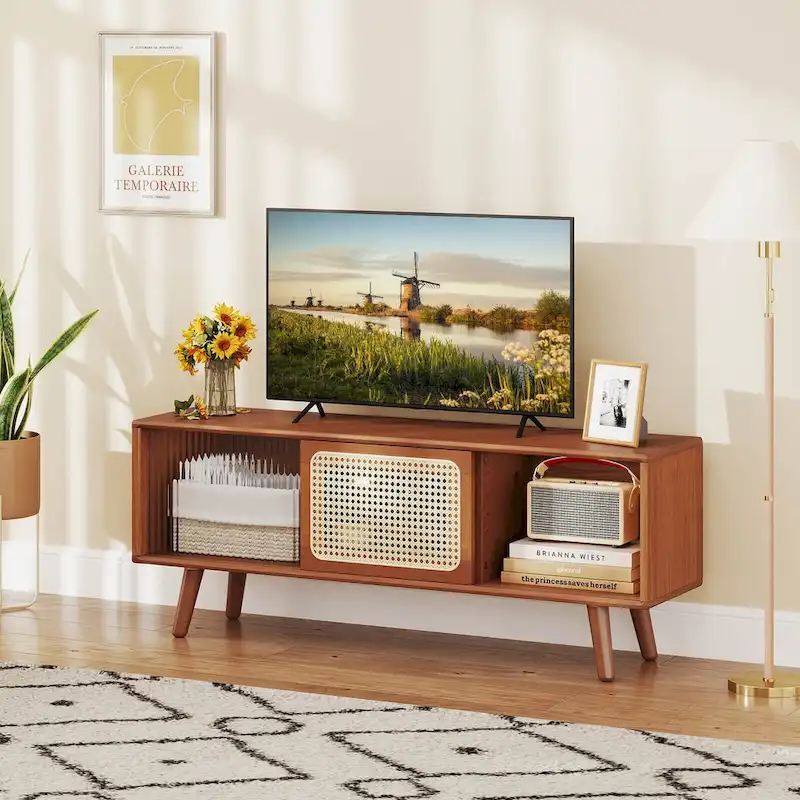 Mid-Century TV Stand with Rattan Sliding Doors, Brown/Natural, 47.5