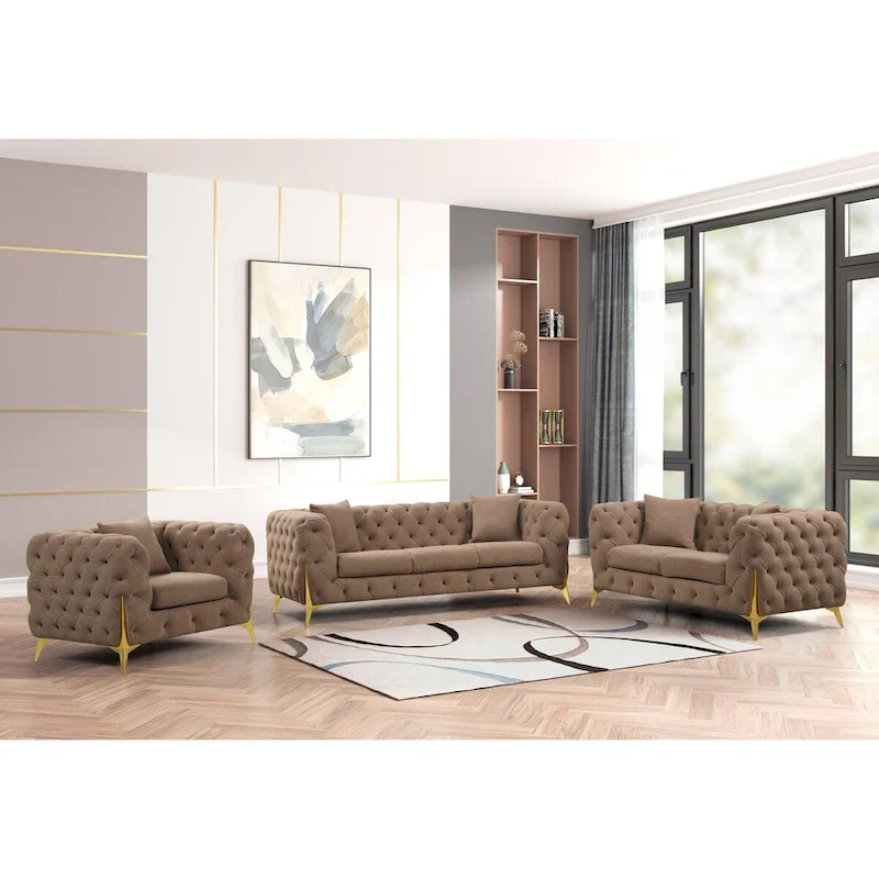 3 Pieces Mid-century Modern Buckle Fabric Living Room Sofa Set Sectional