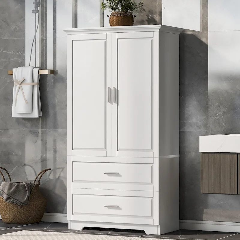 White MDF Bathroom Storage Cabinet with 2 Doors, 3 Shelves & 2 Drawers
