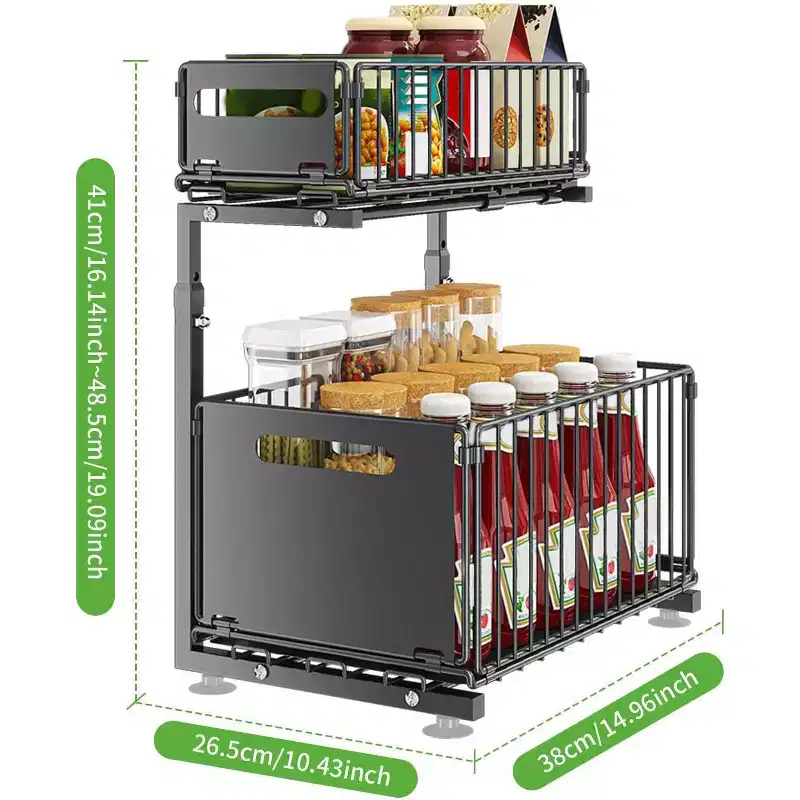 2-Tier Adjustable Under Sink Organizer with Pull-Out Drawers, Sturdy Metal Storage Rack with Suction Cups & Hooks,Height Adjustable Slide-Out Cabinet