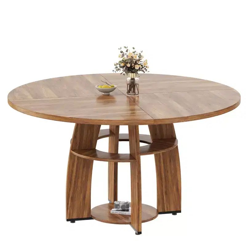 47 Round Dining Table for 4-6, Modern Wood Table with Storage Shelf & Adjustable Feet, for Dining Room, Living Room, Apartment