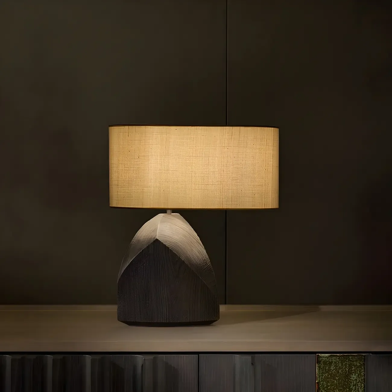 LED Natural Wood Fabric Bedside Table Lamp Japandi Style