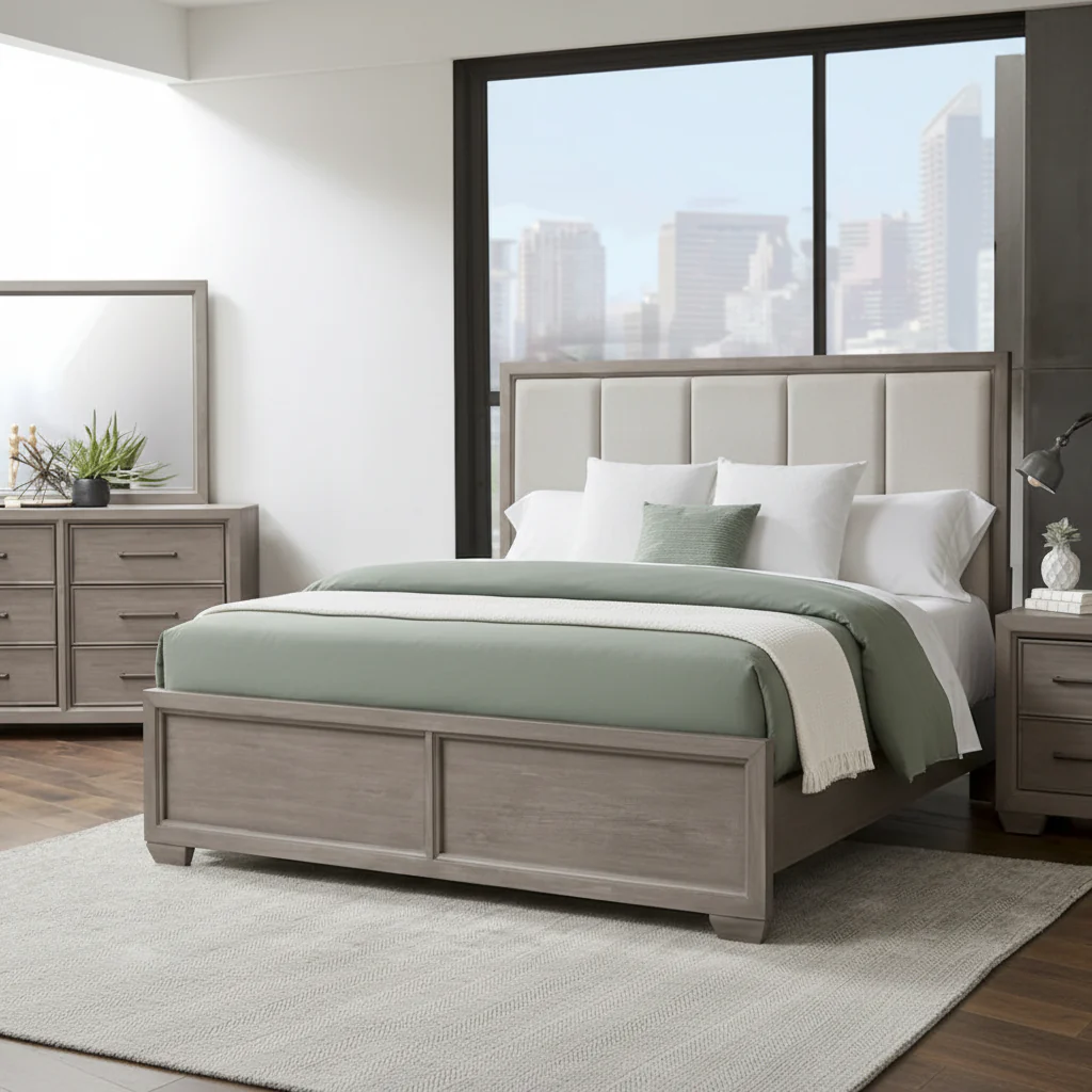 Ennesley Gray Wood Bedroom Furniture with Upholstered Panel Bed