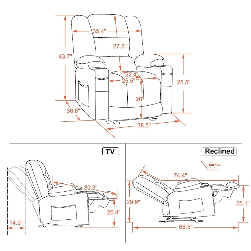 MCombo Electric Power Recliner Chair with Heat and Massage, Fabric 6079/PR670