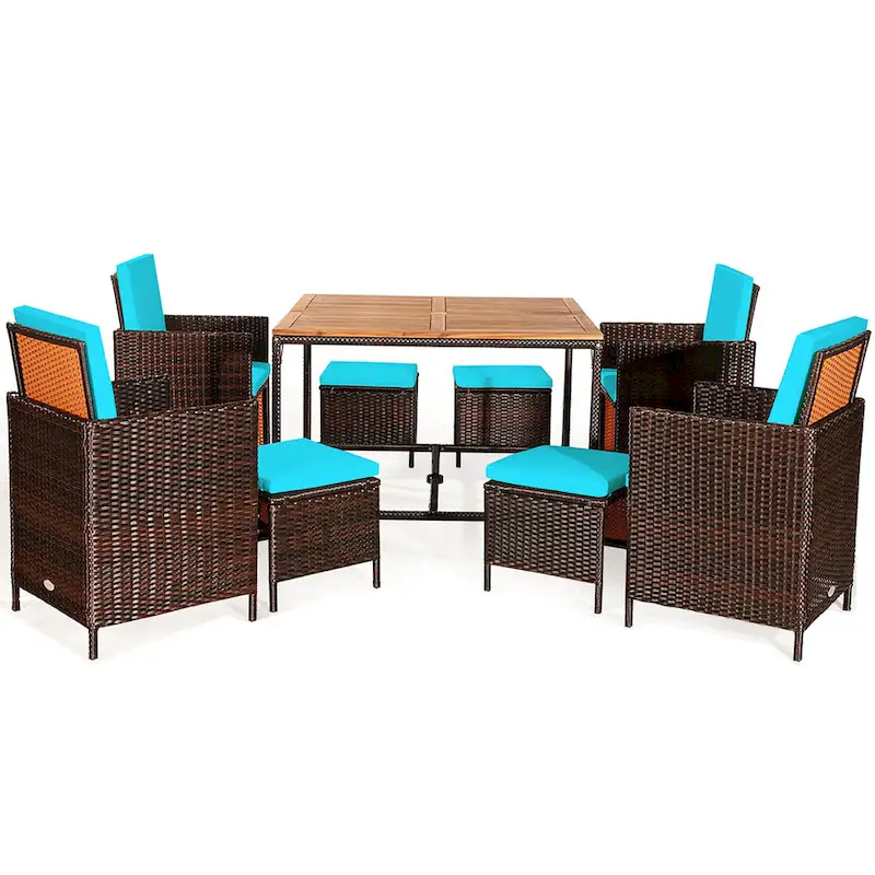 Costway 9PCS Patio Rattan Dining Set Cushioned Chairs Ottoman Wood - See Details