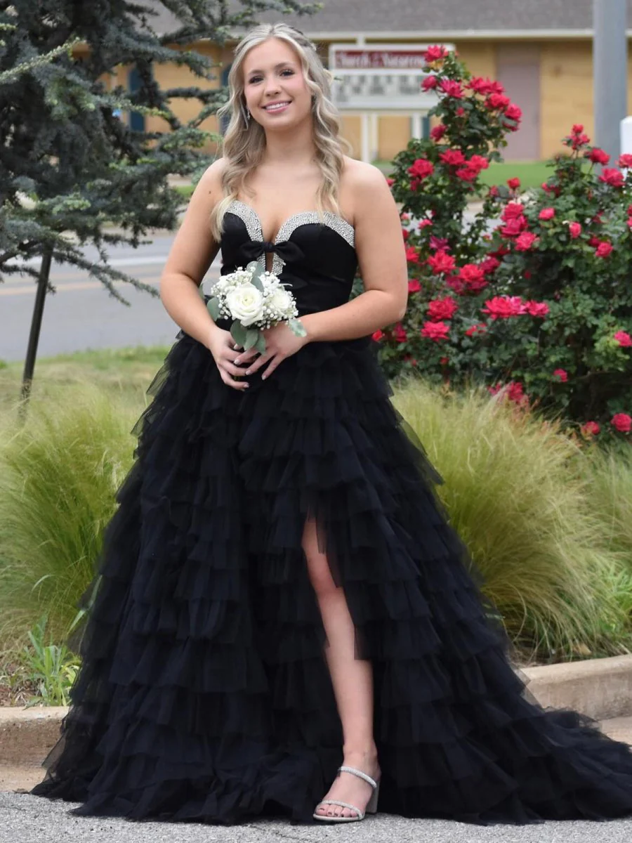 Black Strapless Bow Ruffle Long Prom Dress with Slit