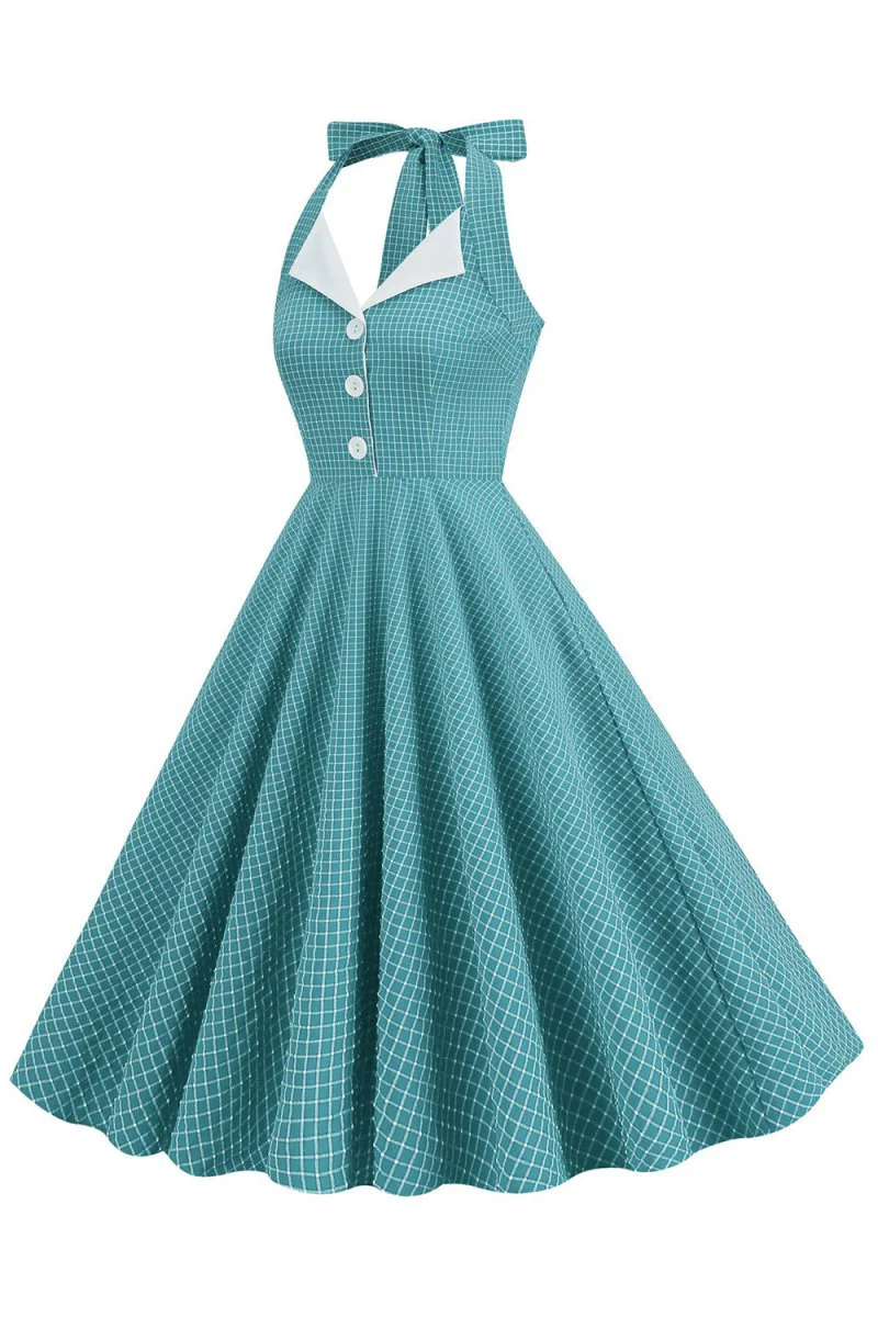 Retro Style Halter Neck Green 1950s Dress with Button