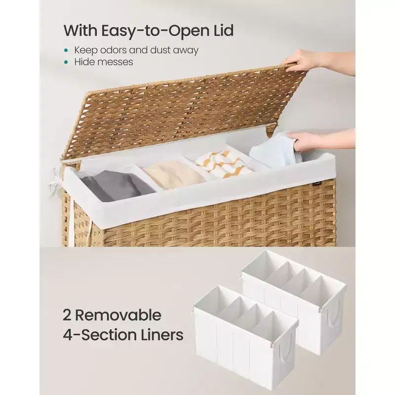 Natural Woven Laundry Hamper with Lid, Breathable Fabric Clothes Basket, Foldable Storage Bin for Home OrganizationNatural
