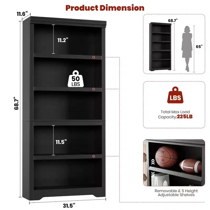 69 Tall 5 Tier Farmhouse Bookcase, 31.5 Wide Bookshelf with Adjustable Shelves & Anti-Slip Design, Open Display Storage for Home Office Living Room