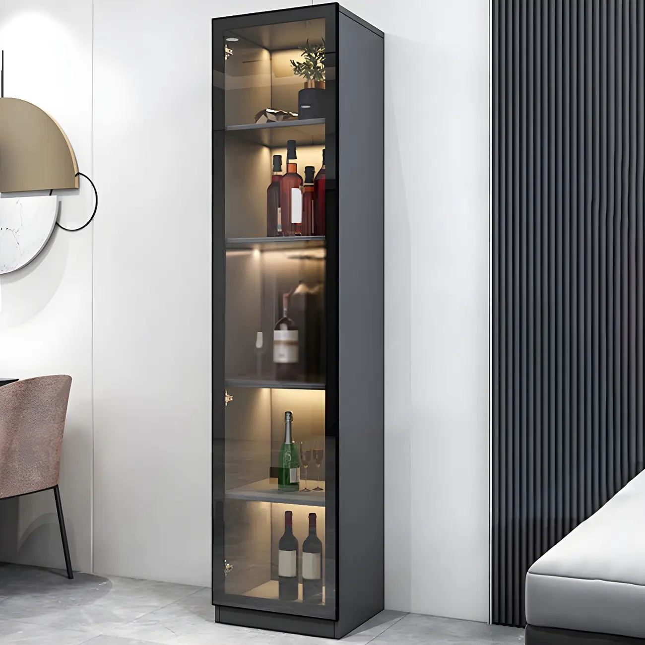 Black Wooden Glass Doors Display Cabinet with Lights