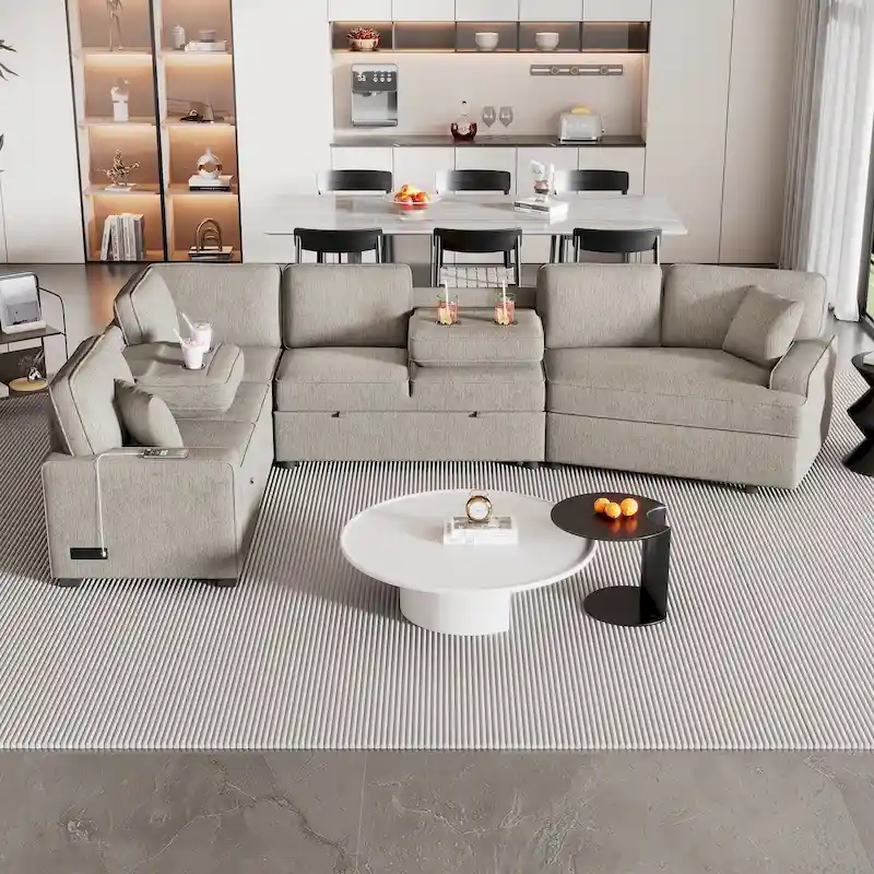 126 L-shaped Sofa Sectional Sofa Couch Pull-out Sofa Bed with Charging Devices and Cup Holders for Living Room, Beige