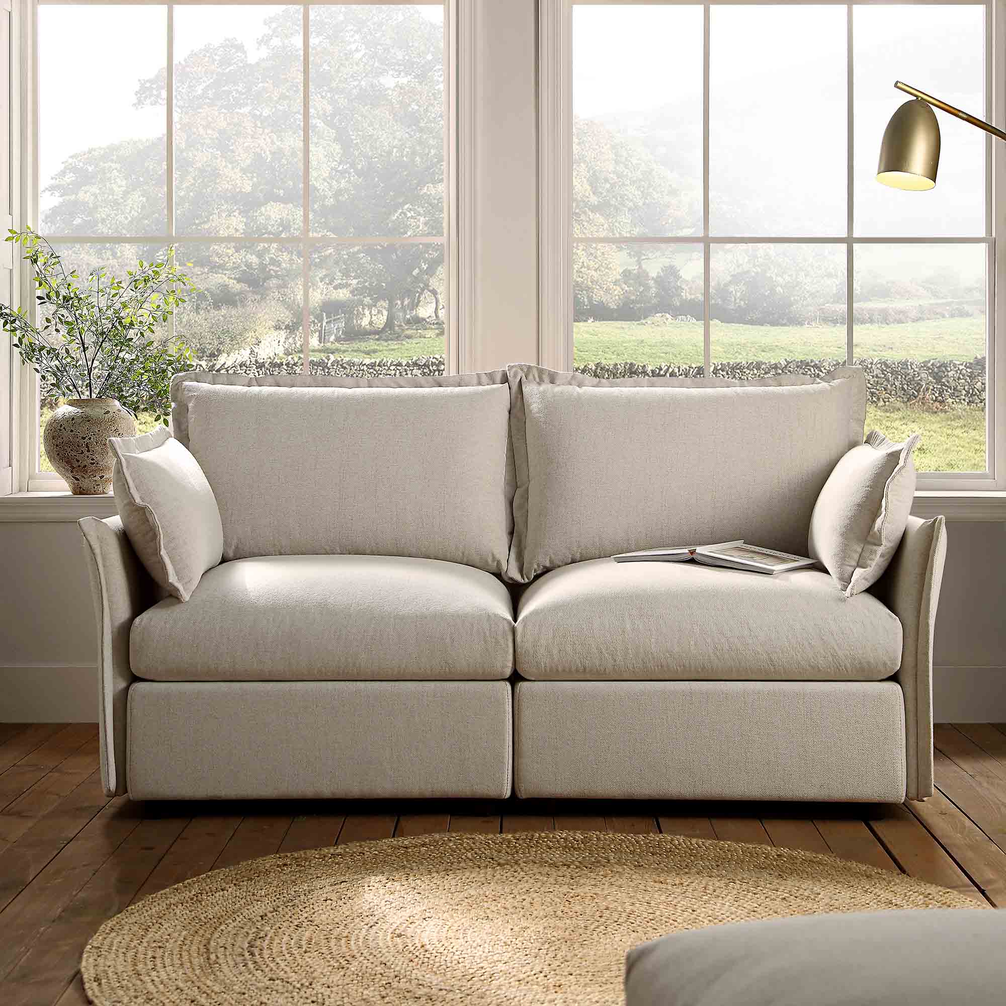 Pillow Edge Beige Fabric Sectional Sofa, 2-Seater