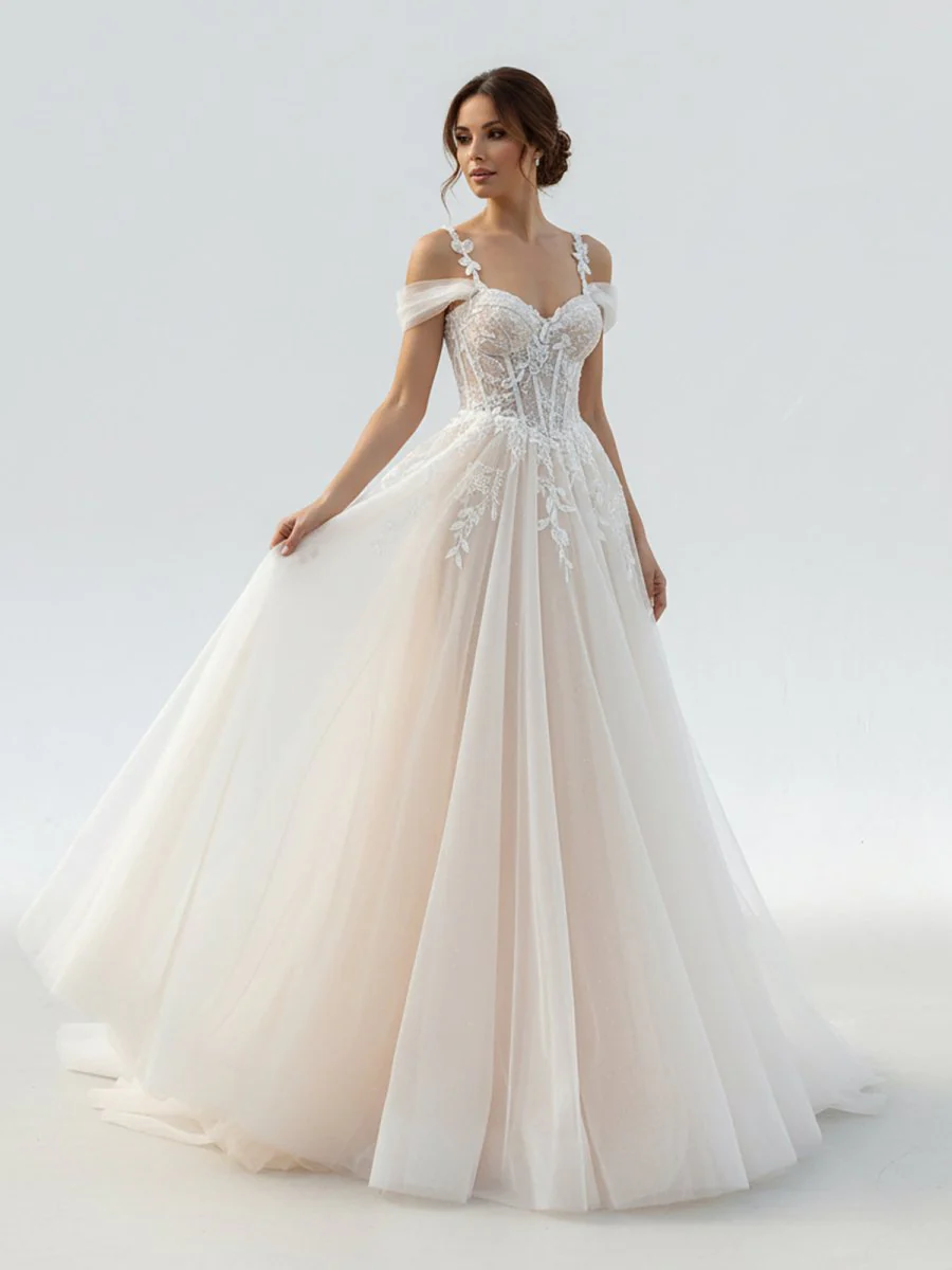 A-Line Off-The-Shoulder Tulle Wedding Dresses With Appliques Lace