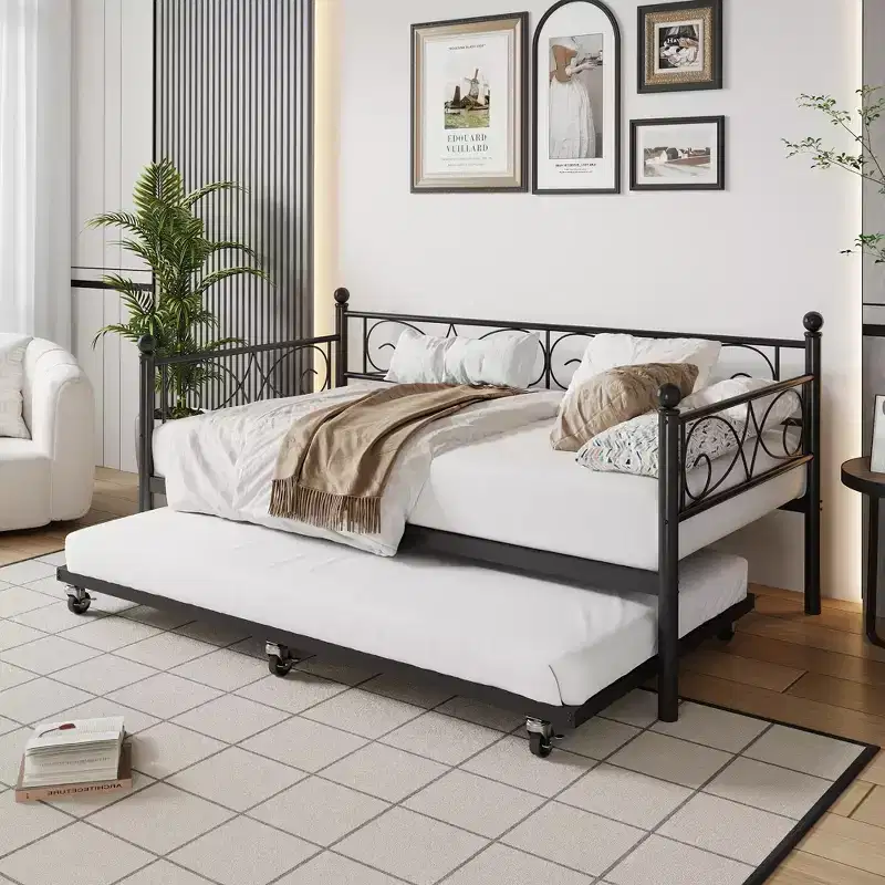 Twin Daybed with Trundle, Metal Sofa Bed Frame - Heavy Duty, Space-Saving