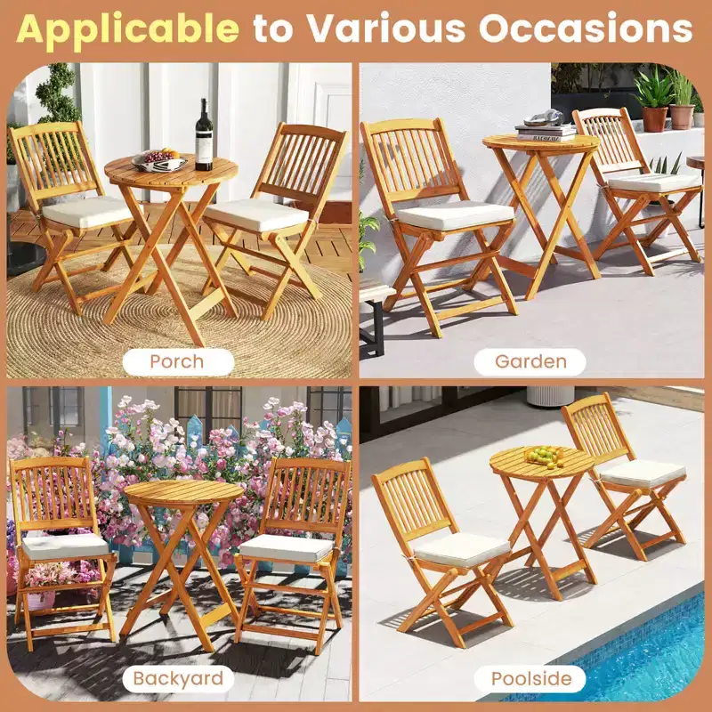 Costway 3 PCS Acacia Wood Patio Bistro Set Folding Table & Chairs Set with Cushions Beige/Navy