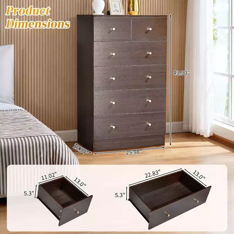 Karl Home 6-Drawer Large Dresser for Bedroom and Chest of Drawers with Sturdy Construction Wood Storage Organizer for Closet In Brown
