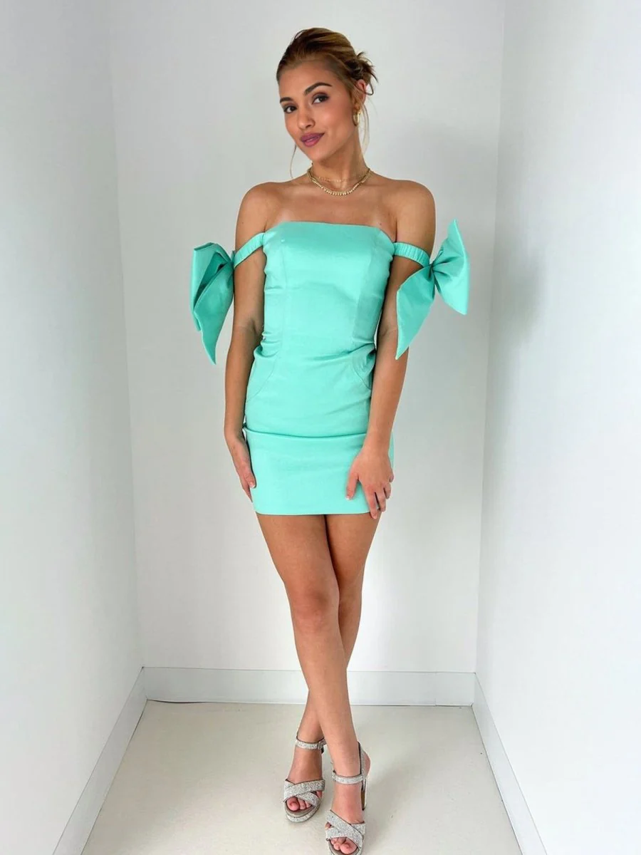 Mint - Bodycon Off The Shoulder Satin Short Tight Homecoming Dresses With Bows