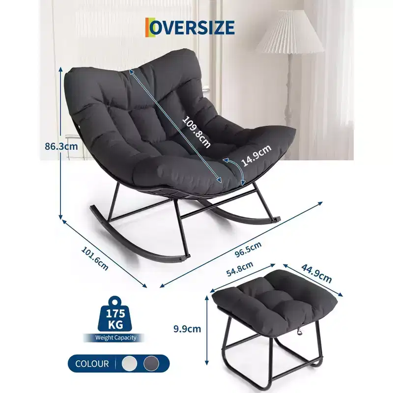 Outdoor Rattan Papasan Rocking Chair with Ottoman,Oversized Patio Lounge Chair & Footrest,Metal Frame Egg Rocker for Balcony, Backyard,Porch,Bedroom
