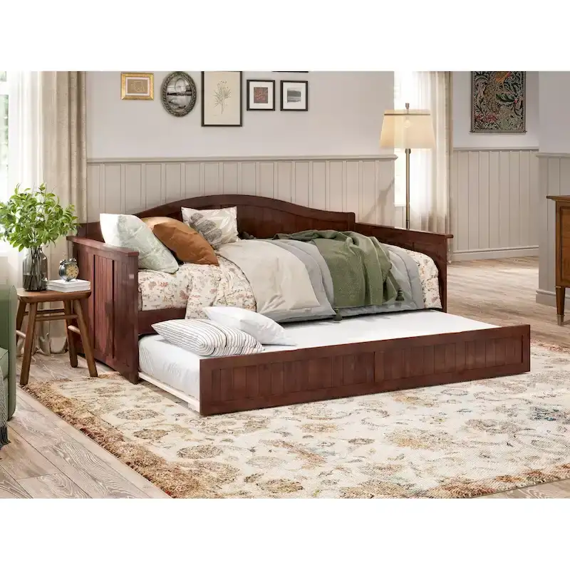 Twin Wood Daybed with Trundle - Beadboard Design, 600lbs Capacity, White/Walnut/Grey/Toffee, No Box Spring Needed