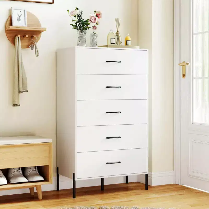 Costway 5-Drawer Dresser with Metal Legs & Handles, Anti-Tipping Kits for Closet, Bedroom White