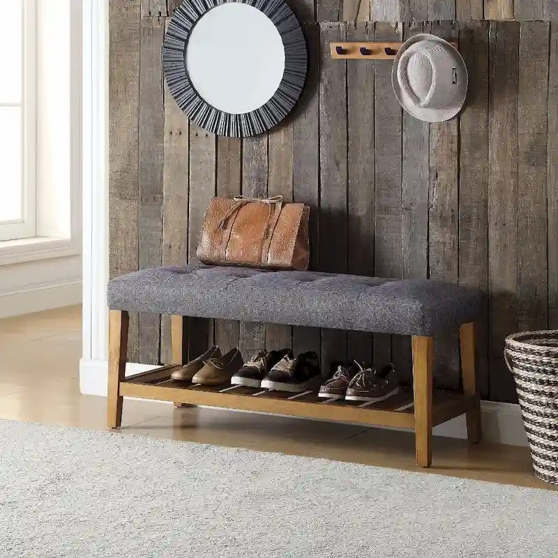 Gray & Oak Fabric Upholstered Bench with Bottom Shelf