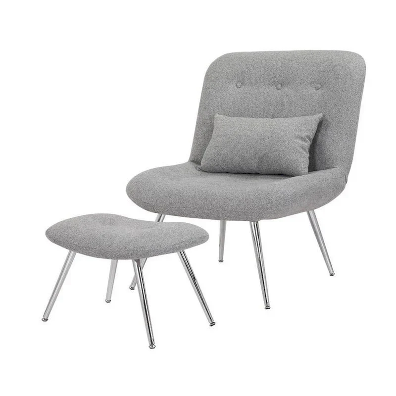 Lea 2pc Modern Lounge Chair and Ottoman Set, Gray Woven Upholstery, Chrome