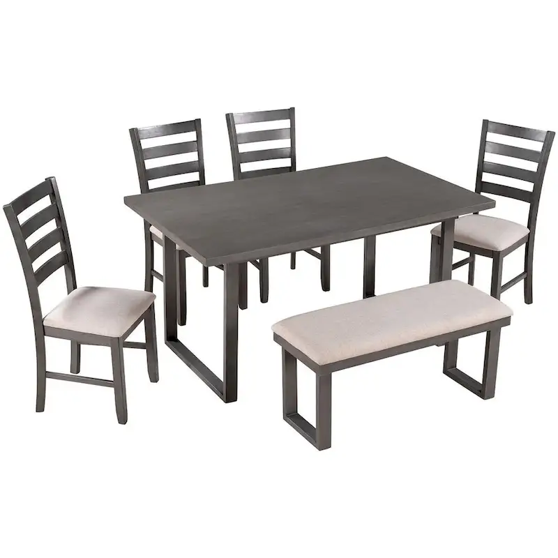 60 Rectangular Solid Wood Dining Table with 4 Upholstered Chairs and Bench