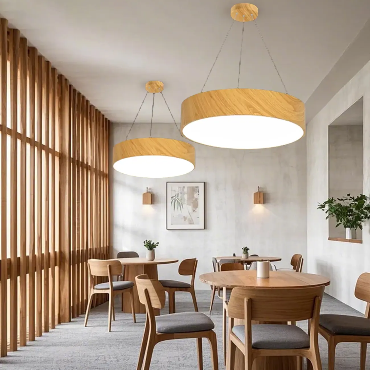 Modern Circular Wood LED Chandelier with Adjustable Height