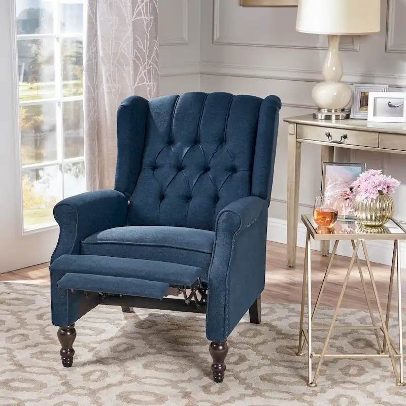 Tufted Fabric Wingback Recliner Club Chair | Button Tufting, Wood Legs, Living Room Accent Chair