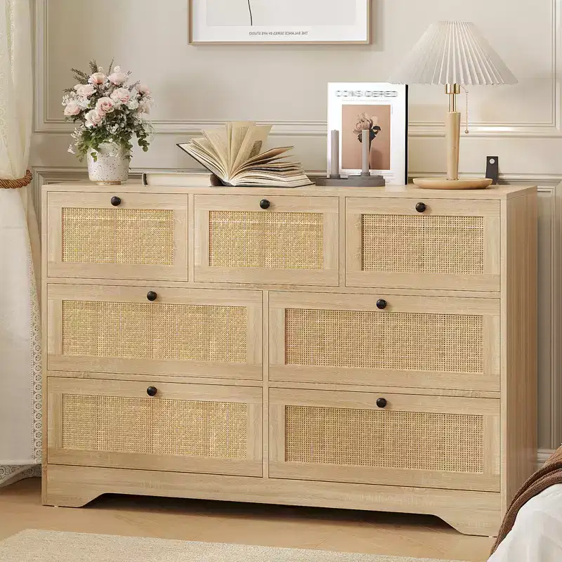 Rattan Dresser for Bedroom, Farmhouse Modern Dressers & Chests of Drawers, Wooden Storage Organizer for Closet, Living Room, Entryway, Hallway