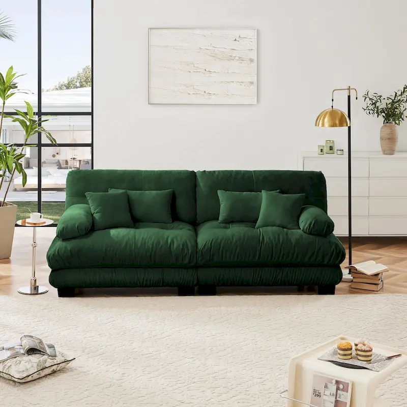 Green Chenille 2-Seater Sofa with Bolster Arms, Lumbar & Throw Pillows