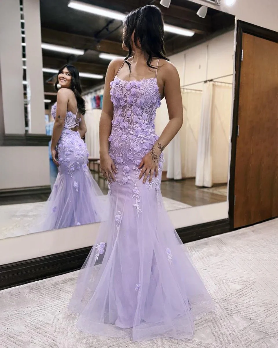 Lilac Mermaid Scoop Neck Prom Dress with Appliques