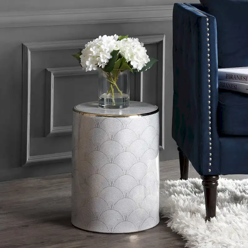 Fish Scale 17  Modern Ceramic Garden Stool, White/Gold by JONATHAN Y