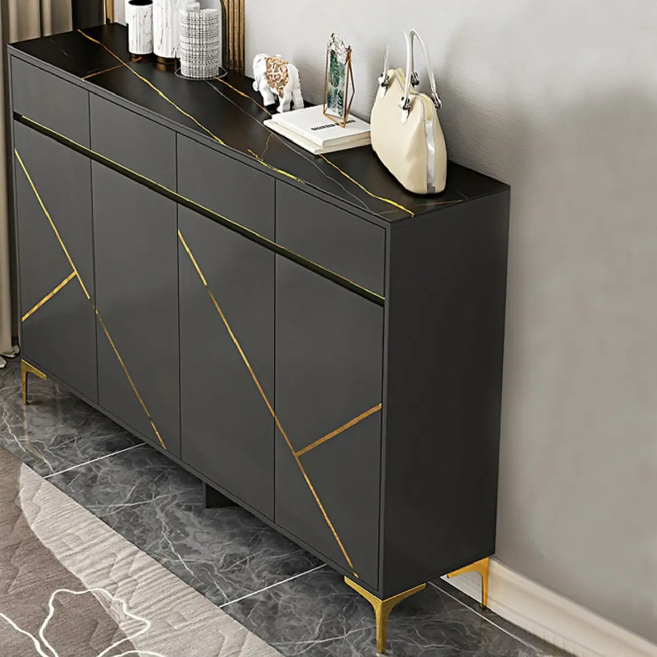 Trendy Gray Wood Shoe Cabinet with Drawers & Display Top