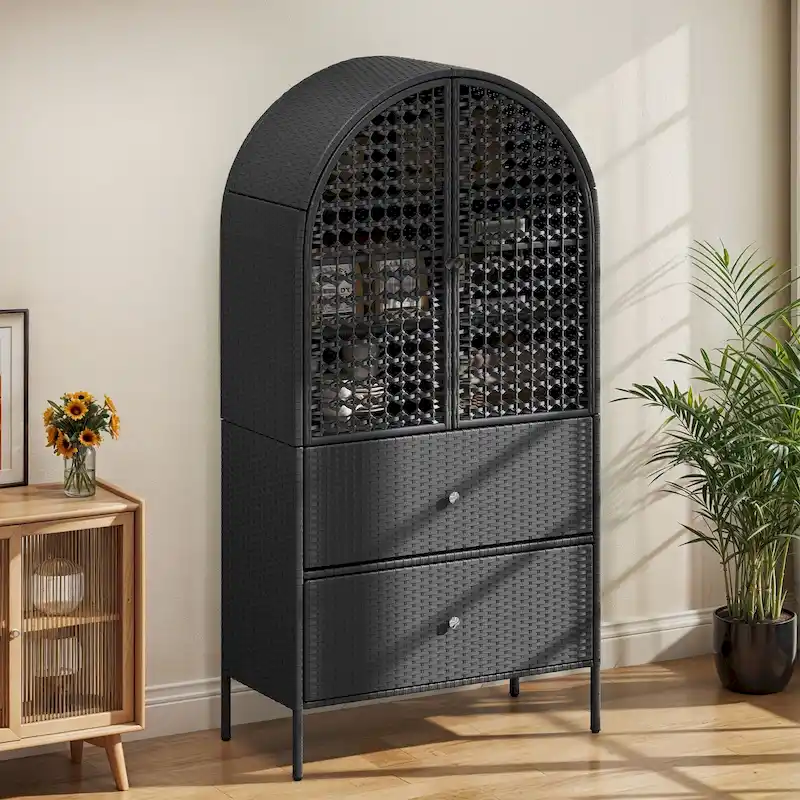 Moasis 65 Tall Arched Wicker Kitchen Pantry Cabinet,Farmhouse Cupboard with 3 Shelves & 2 Drawers