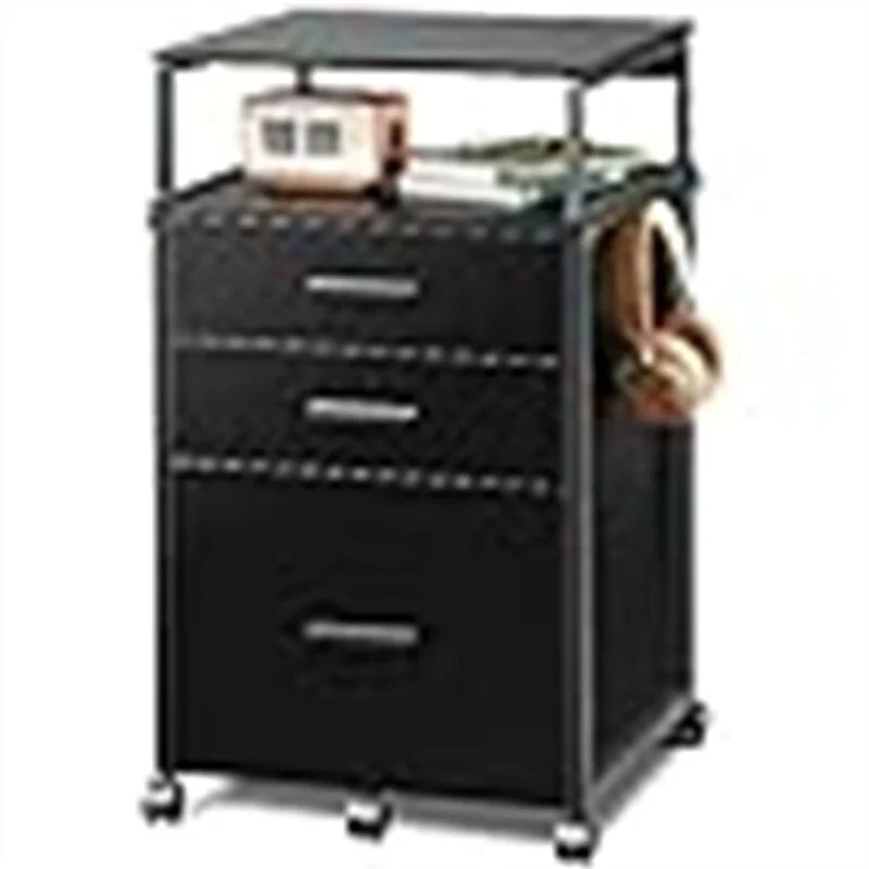 Black/Rustic Brown 3-Drawer Rolling File Cabinet with Open Shelf, Single Use