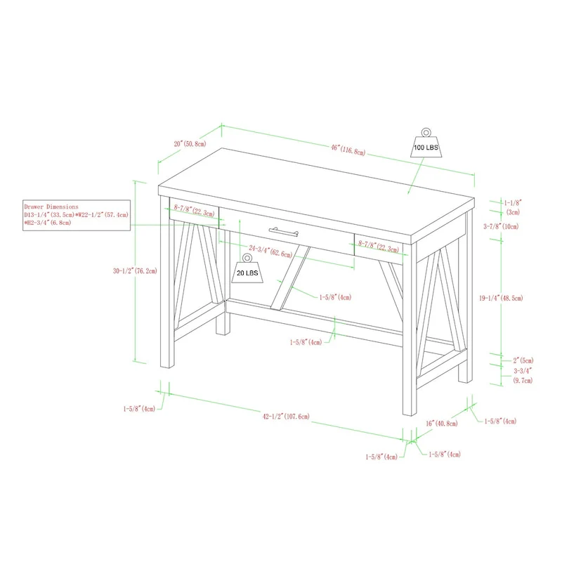 Paradise Hill A-Frame Writing Desk with Center Drawer – MDF & Laminate