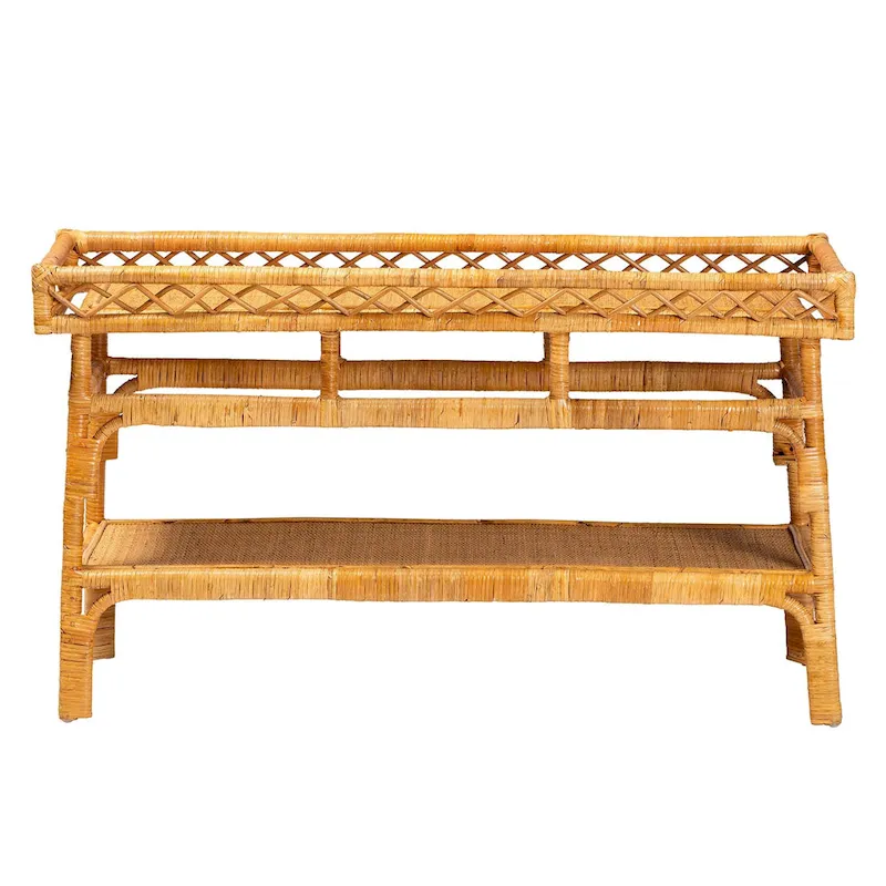 Savitri Modern Bohemian Natural Rattan 2-Tier Console Table