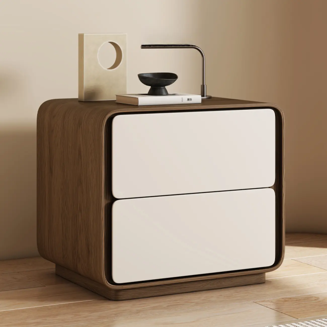 Modern Faux Leather Wood Top 2 Drawers Nightstand