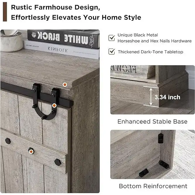 Modern Grey Sideboard Buffet Cabinet with 3 Drawers & Adjustable Shelves