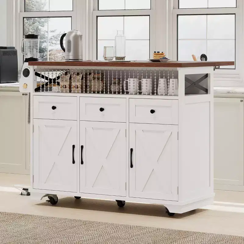 46.5 Farmhouse Kitchen Island with Power Outlet & Beaded Drape - Rolling Cart with Drop Leaf, 3 Drawers & Locking Wheels