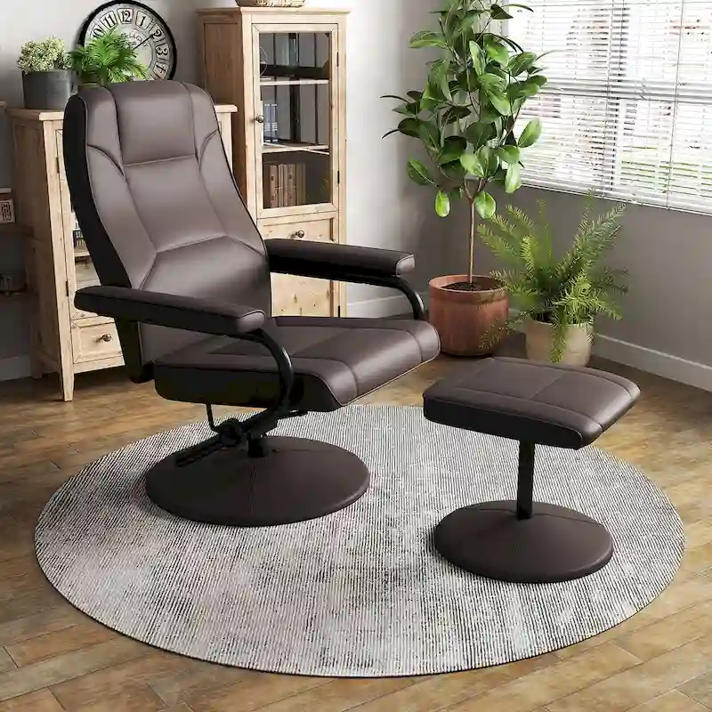 Brown Faux Leather 360° Swivel Recliner Chair with Ottoman, 1-Person