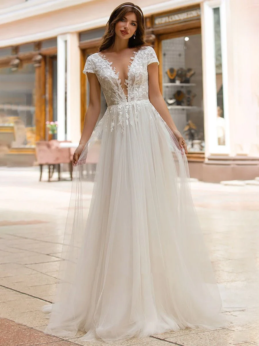 Sexy A Line Plunging Neckline Tulle Sweep Train Wedding Dress with Appliques