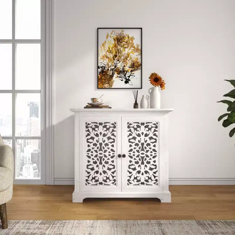 Kitchen Storage Cabinet with 2 Hollow Carved DoorsSideboard Buffet, Console Table, Accent Liquor Cabinet for Dining Room or Living Room