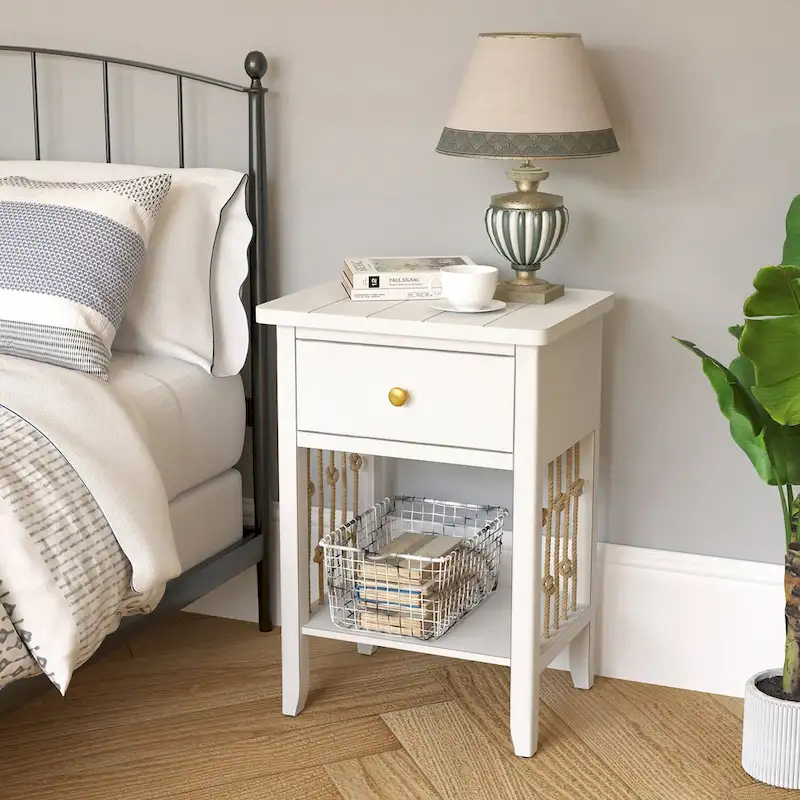 COSIEST Distressed White End Table with Drawer - 14 D x 18 W x 26.4 H