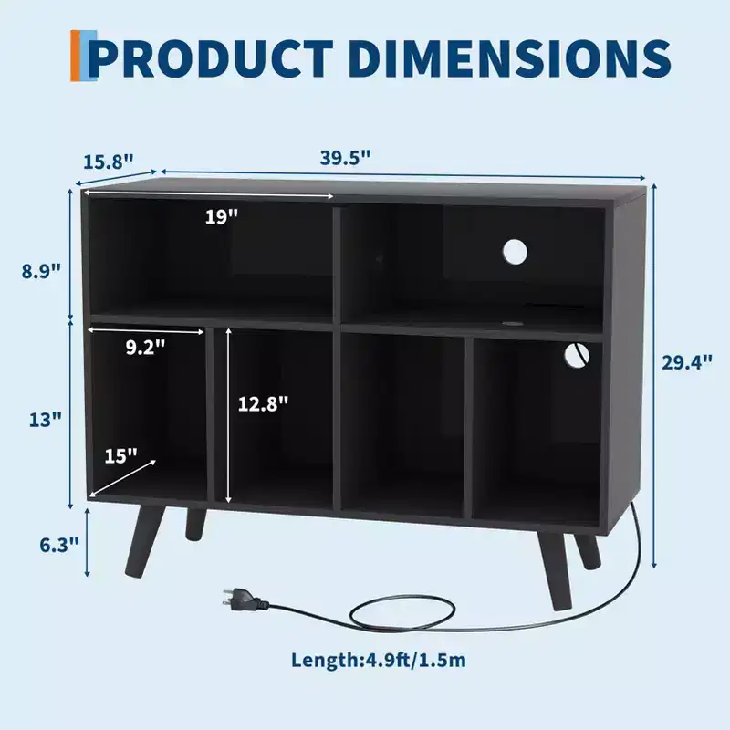 Large Vinyl Record Storage Cabinet Holds 350 Albums, Wood Turntable Stand w/ Charging Station & Open Cube Shelves, Organizer for Living Room